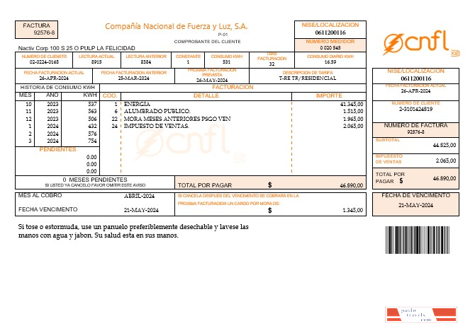 Costa  Rica Compania Nacional de Fuerza y Luz, S A CNFL business utility bill in word and pdf formats